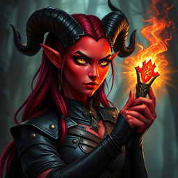 A 35-year-old female tiefling sorceress with striking red skin