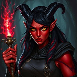 A 35-year-old female tiefling sorceress with striking red skin