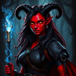 A 35-year-old female tiefling sorceress with striking red skin