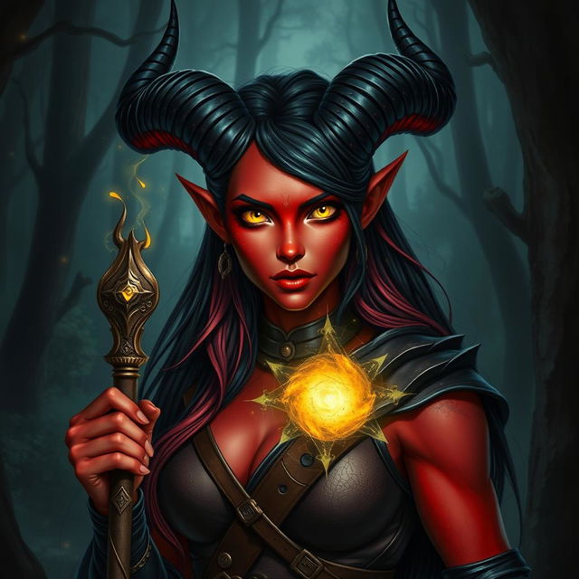 A 35-year-old female tiefling sorceress with striking red skin