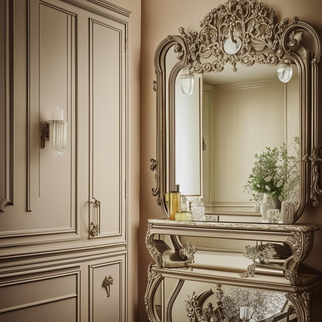 An elegantly designed aparador with a large, ornate mirror reflecting the room