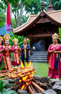 A vibrant and colorful scene celebrating Indonesian culture, featuring traditional Barongan dancers in elaborate costumes with intricate masks performing joyfully, sizzling skewers of goat satay being grilled over a fire, a beautiful Wayang Kulit performance in the background with shadow puppets casting enchanting figures, and a traditional Joglo house with its distinctive architectural style showcasing wooden carvings and a thatched roof