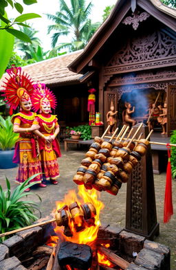 A vibrant and colorful scene celebrating Indonesian culture, featuring traditional Barongan dancers in elaborate costumes with intricate masks performing joyfully, sizzling skewers of goat satay being grilled over a fire, a beautiful Wayang Kulit performance in the background with shadow puppets casting enchanting figures, and a traditional Joglo house with its distinctive architectural style showcasing wooden carvings and a thatched roof
