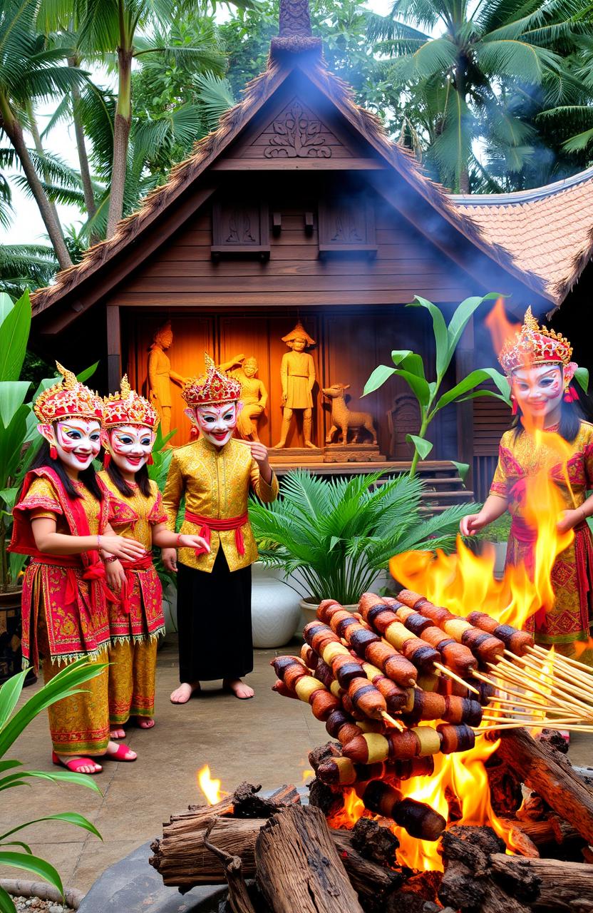 A vibrant and colorful scene celebrating Indonesian culture, featuring traditional Barongan dancers in elaborate costumes with intricate masks performing joyfully, sizzling skewers of goat satay being grilled over a fire, a beautiful Wayang Kulit performance in the background with shadow puppets casting enchanting figures, and a traditional Joglo house with its distinctive architectural style showcasing wooden carvings and a thatched roof