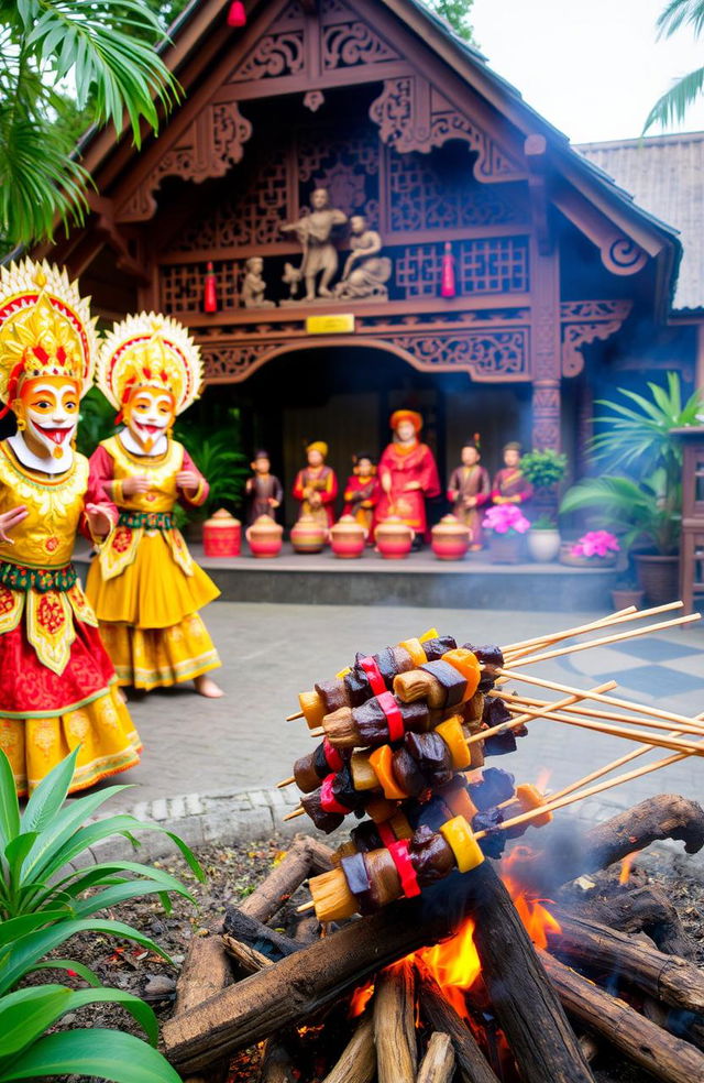 A vibrant and colorful scene celebrating Indonesian culture, featuring traditional Barongan dancers in elaborate costumes with intricate masks performing joyfully, sizzling skewers of goat satay being grilled over a fire, a beautiful Wayang Kulit performance in the background with shadow puppets casting enchanting figures, and a traditional Joglo house with its distinctive architectural style showcasing wooden carvings and a thatched roof