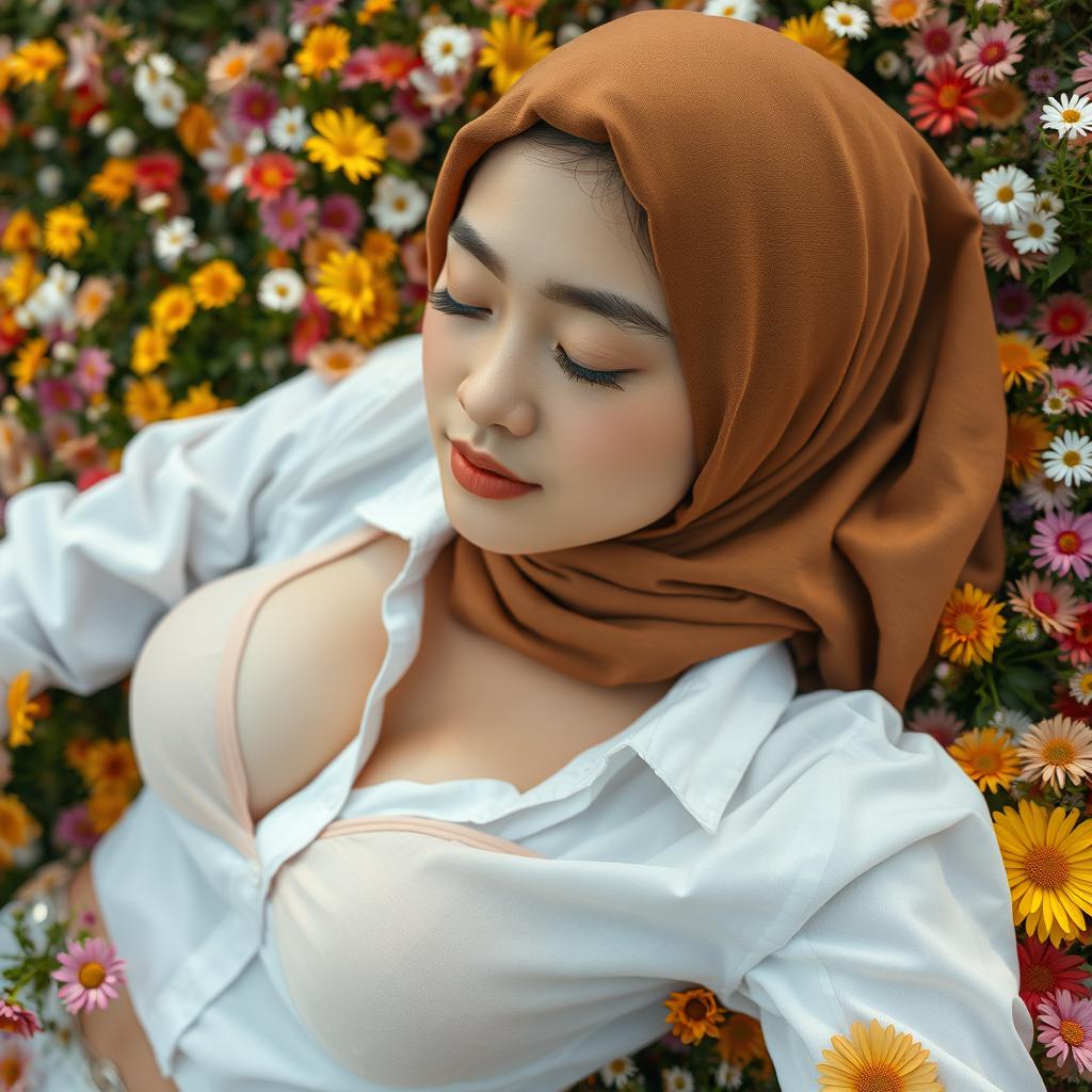 A masterpiece ultra-detailed realistic image of a beautiful 26-year-old Taiwanese girl wearing a brown Turkish hijab