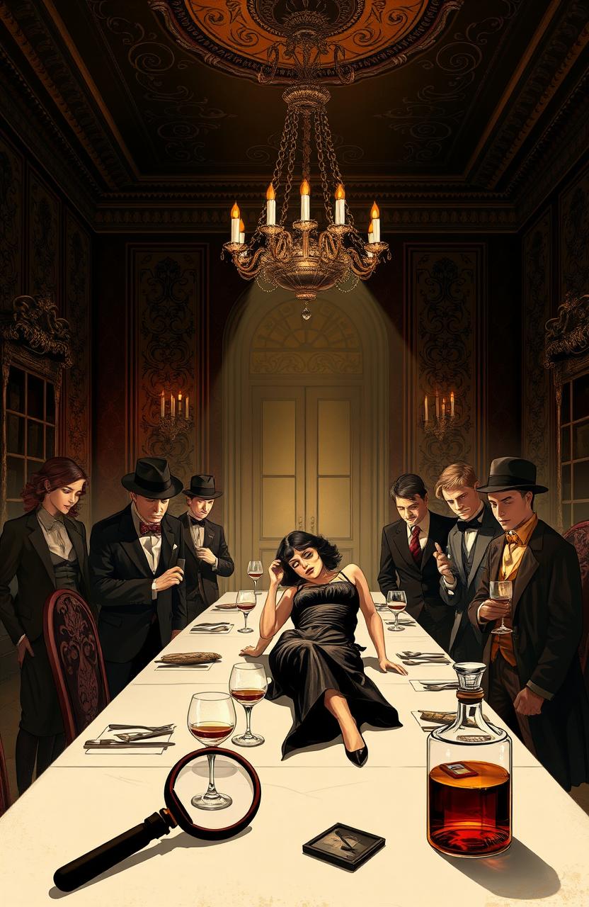 A captivating illustration of a vintage murder mystery scene set in a dimly lit mansion