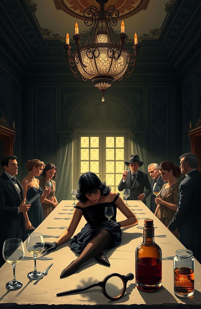 A captivating illustration of a vintage murder mystery scene set in a dimly lit mansion