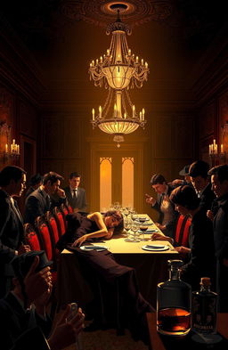 A captivating illustration of a vintage murder mystery scene set in a dimly lit mansion