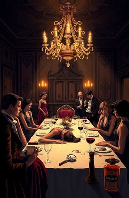 A captivating illustration of a vintage murder mystery scene set in a dimly lit mansion