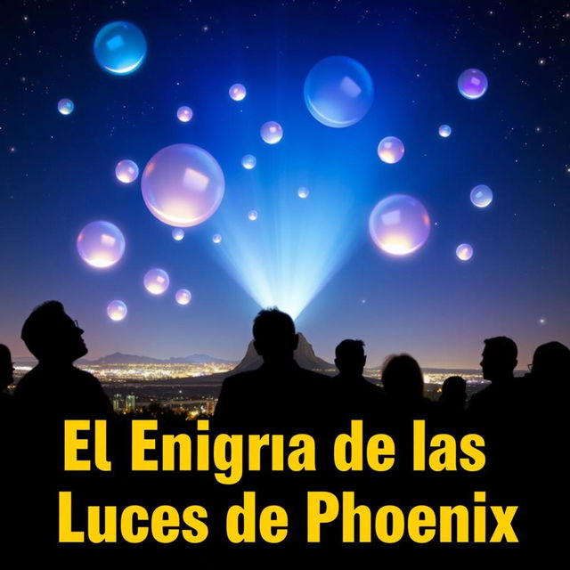 A captivating YouTube thumbnail featuring a mysterious night sky over Phoenix, Arizona illuminated by glowing, colorful orbs of light, representing the famous Phoenix Lights phenomenon