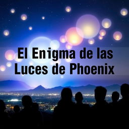 A captivating YouTube thumbnail featuring a mysterious night sky over Phoenix, Arizona illuminated by glowing, colorful orbs of light, representing the famous Phoenix Lights phenomenon