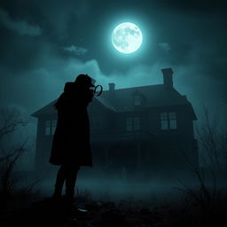 A mysterious murder mystery scene illuminated by a dark moon shining in the night sky, casting eerie shadows across a fog-laden landscape