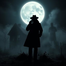 A mysterious murder mystery scene illuminated by a dark moon shining in the night sky, casting eerie shadows across a fog-laden landscape