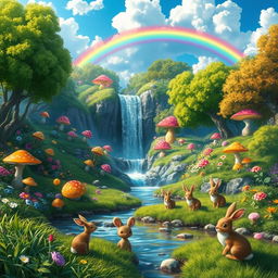 A whimsical fantasy landscape featuring a colorful, enchanted forest with vibrant flowers and glowing mushrooms, rendered in stunning HD quality