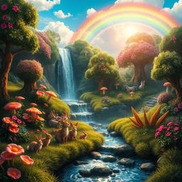 A whimsical fantasy landscape featuring a colorful, enchanted forest with vibrant flowers and glowing mushrooms, rendered in stunning HD quality