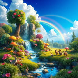A whimsical fantasy landscape featuring a colorful, enchanted forest with vibrant flowers and glowing mushrooms, rendered in stunning HD quality