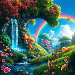 A whimsical fantasy landscape featuring a colorful, enchanted forest with vibrant flowers and glowing mushrooms, rendered in stunning HD quality