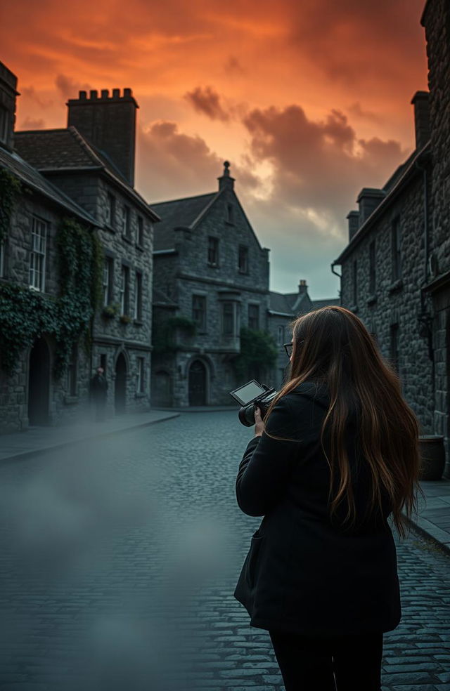 A captivating scene of two dedicated filmmakers working on a ghost documentary in an ancient Irish city