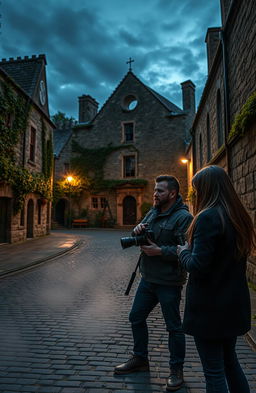 A captivating scene of two dedicated filmmakers working on a ghost documentary in an ancient Irish city