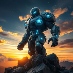A dynamic and powerful image of a futuristic rock man, composed of various types of rock and minerals, exhibiting intricate details of his textured surface reflecting light