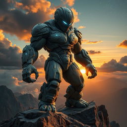 A dynamic and powerful image of a futuristic rock man, composed of various types of rock and minerals, exhibiting intricate details of his textured surface reflecting light