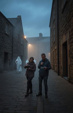 A scene capturing two enthusiastic filmmakers working on a documentary about ghosts in an ancient Irish city filled with rich history