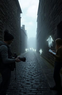 A scene capturing two enthusiastic filmmakers working on a documentary about ghosts in an ancient Irish city filled with rich history