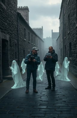 A scene capturing two enthusiastic filmmakers working on a documentary about ghosts in an ancient Irish city filled with rich history