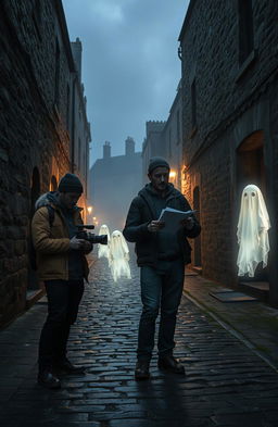 A scene capturing two enthusiastic filmmakers working on a documentary about ghosts in an ancient Irish city filled with rich history