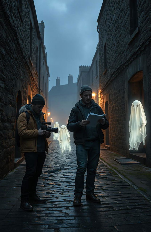 A scene capturing two enthusiastic filmmakers working on a documentary about ghosts in an ancient Irish city filled with rich history