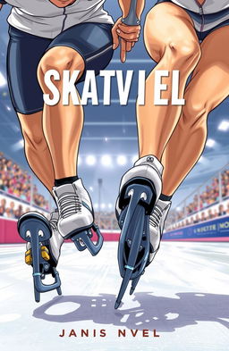 A dynamic and intense cover illustration for a novel featuring two speed skaters, a male and a female, focusing on their skates