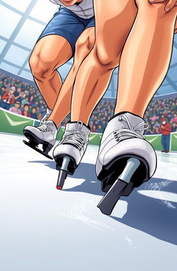 A dynamic and intense cover illustration for a novel featuring two speed skaters, a male and a female, focusing on their skates