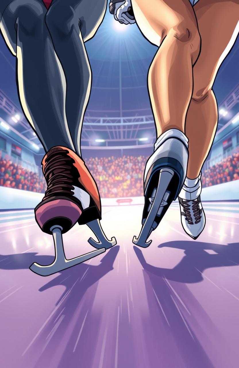 A dynamic and intense cover illustration for a novel featuring two speed skaters, a male and a female, focusing on their skates