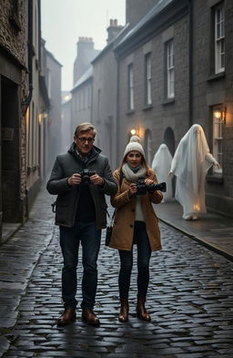 A 50-year-old couple exploring an old Irish city, documenting ghosts for a film