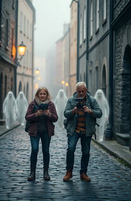 A 50-year-old couple exploring an old Irish city, documenting ghosts for a film