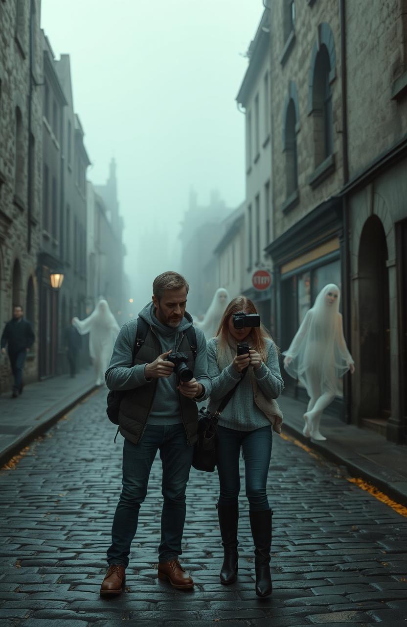 A 50-year-old couple exploring an old Irish city, documenting ghosts for a film