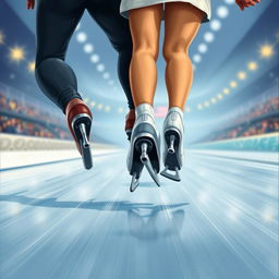 A realistic cover illustration for a novel featuring two speed skaters from a back perspective, focusing on their skates