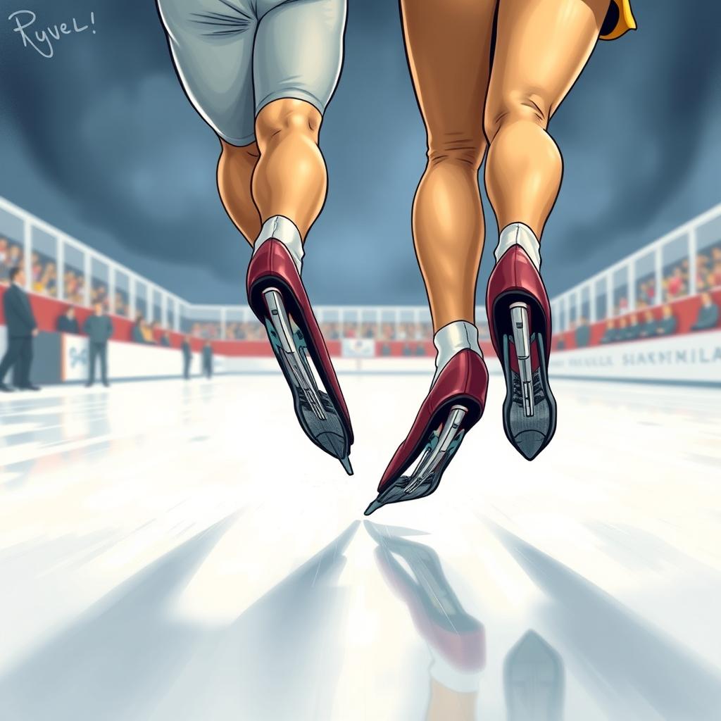 A realistic cover illustration for a novel featuring two speed skaters from a back perspective, focusing on their skates