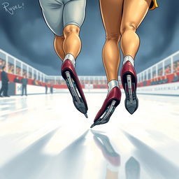 A realistic cover illustration for a novel featuring two speed skaters from a back perspective, focusing on their skates