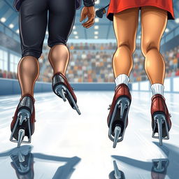 A realistic cover illustration for a novel featuring two speed skaters from a back perspective, focusing on their skates