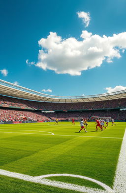 A vibrant and detailed football ground scene, capturing the excitement of a match day