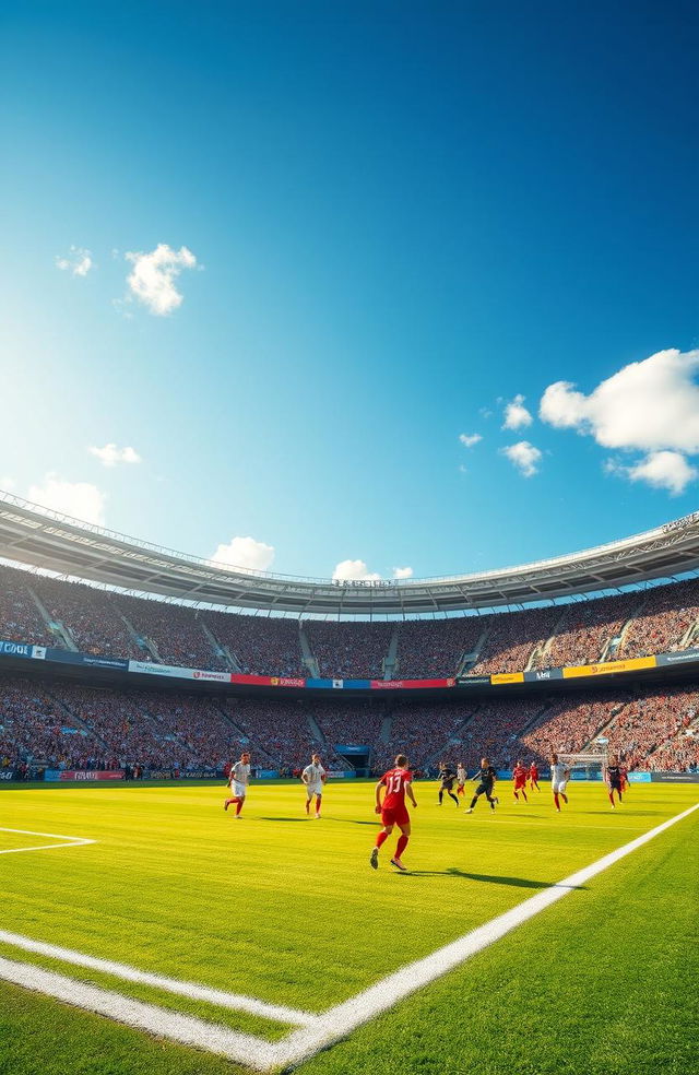 A vibrant and detailed football ground scene, capturing the excitement of a match day