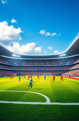A vibrant and detailed football ground scene, capturing the excitement of a match day