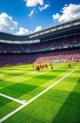 A vibrant and detailed football ground scene, capturing the excitement of a match day