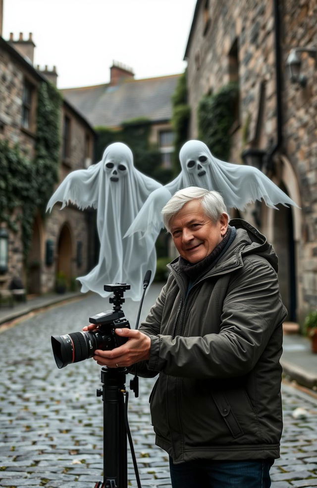 A 50-year-old couple, both with graying hair and dressed in casual outdoor clothing, are enthusiastically engaged in filming a documentary about ghosts in an old, atmospheric Irish city