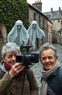 A 50-year-old couple, both with graying hair and dressed in casual outdoor clothing, are enthusiastically engaged in filming a documentary about ghosts in an old, atmospheric Irish city