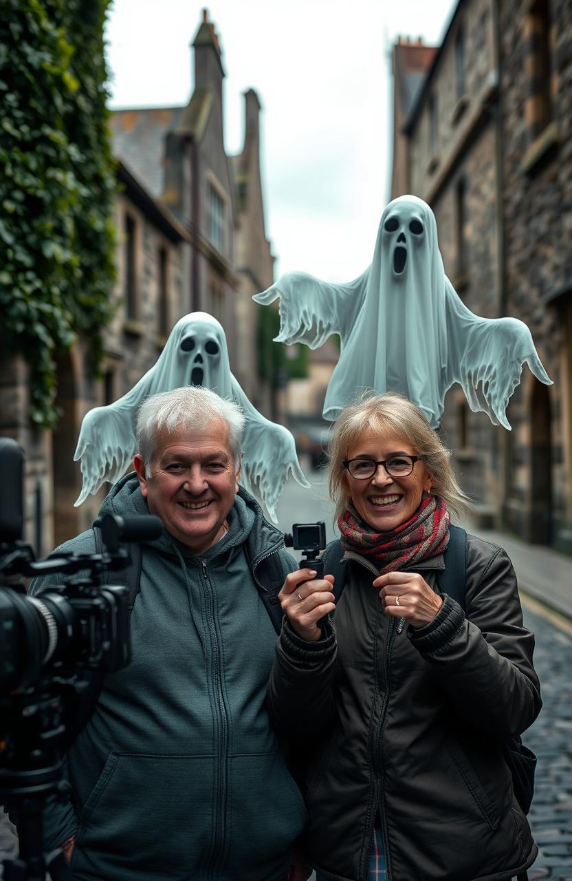 A 50-year-old couple, both with graying hair and dressed in casual outdoor clothing, are enthusiastically engaged in filming a documentary about ghosts in an old, atmospheric Irish city