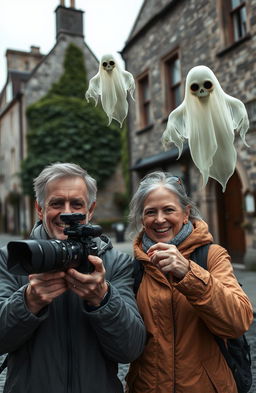 A 50-year-old couple, both with graying hair and dressed in casual outdoor clothing, are enthusiastically engaged in filming a documentary about ghosts in an old, atmospheric Irish city