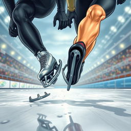 A detailed and intense cover illustration for a novel featuring two speed skaters, a male and a female, wearing full competitive speed skating attire